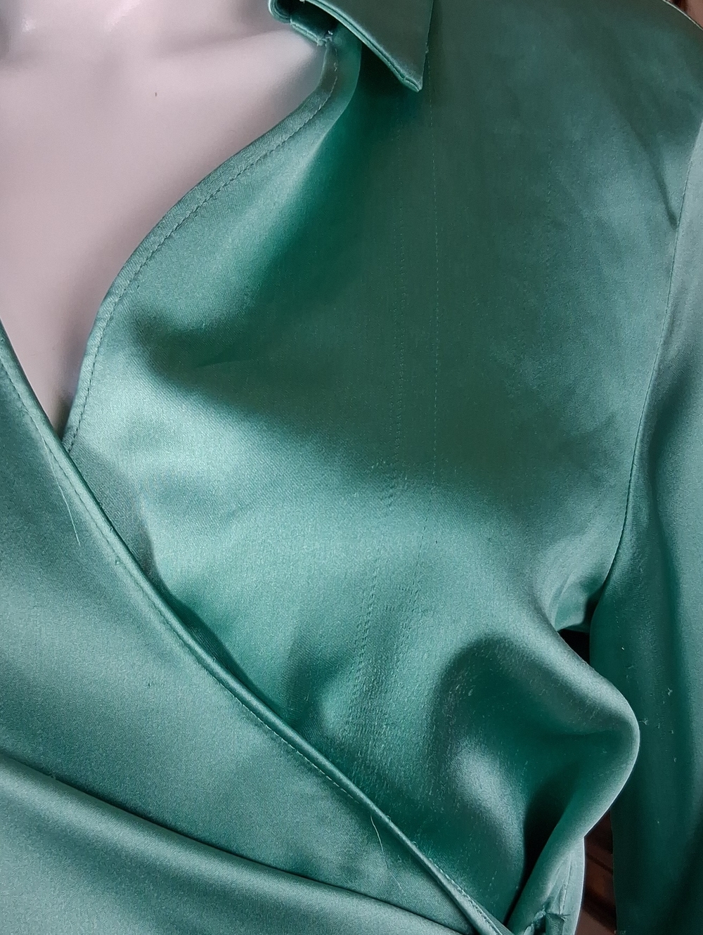 Zara Women's Teal Satin Glossy Fluid V Neck Wrap Long Sleeves Blouse Medium - Picture 15 of 16